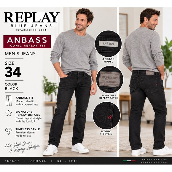 Replay Other - Replay Anbass Mens Jeans 34 (Actual 34x30) Black Slim Tapered Fit Denim #1915